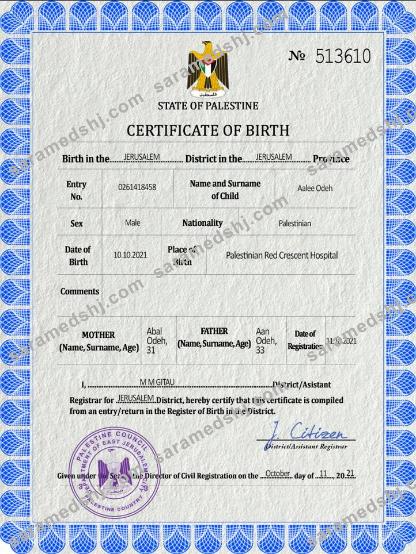 Palestine vital record birth certificate PSD template